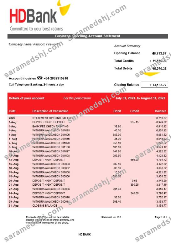 HD Bank company account statement Word and PDF template